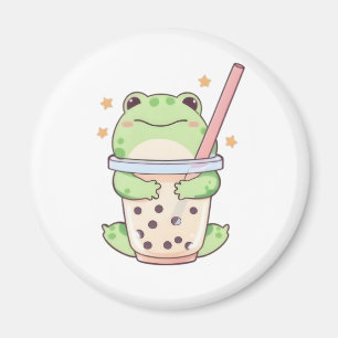 Imã Sapo Kawaii Chibi Abraçando Xícara de Bubble Tea