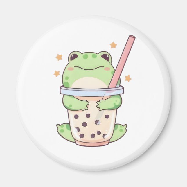 Imã Sapo Kawaii Chibi Abraçando Xícara de Bubble Tea (Frente)