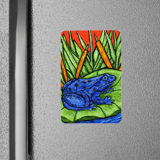 Ímã Sapo Vibrante de Veneno Azul (Vibrant blue poison frog on lily pad tall grass with reeds on rectangle magnet.)