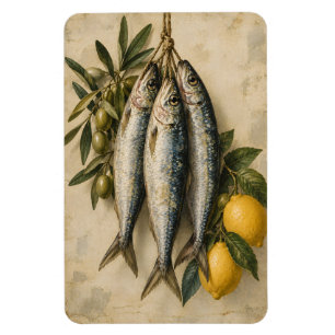 Ímã Sardinhas Vintage com Limões & Azeitonas Mediterrâ