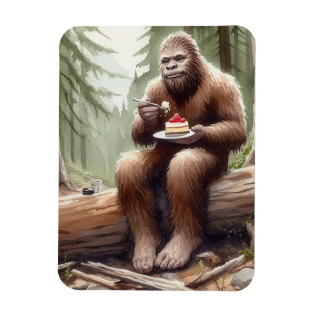 Ímã Sasquatch em floresta musgosa com um cheesecake (Vertical)