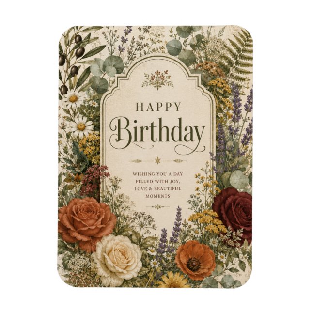 Ímã Saudação de Aniversário com Flores Silvestres e Ra (Vertical)