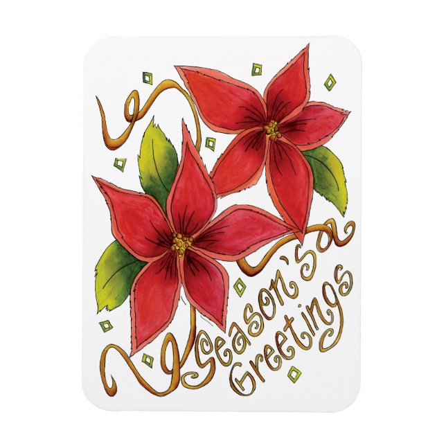 Ímã Saudações da Festa de Natal com Poinsettias (Vertical)