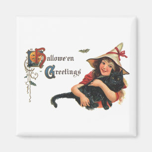 Imã Saudações de Halloween Vintage, Bruxa Criança com