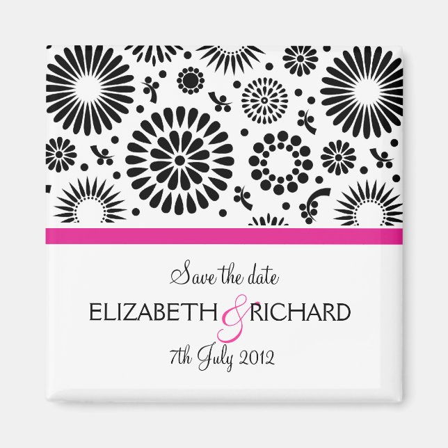 Imã Save the Date Folk Black White Flower Boho Wedding (Frente)