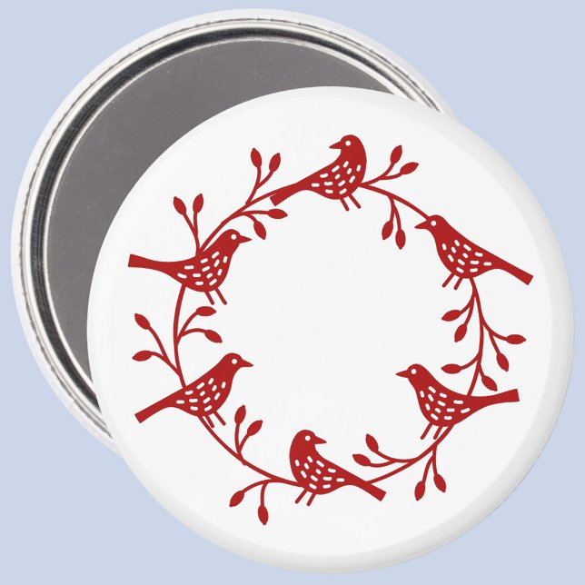 Imã Scandi Wreath of Birds and Rosehips (Red and white Scandinavian bird wreath magnet)