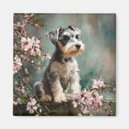 Imã Schnauzer Puppy Among Spring Cherry Blossoms