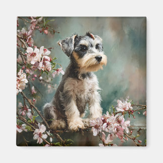 Imã Schnauzer Puppy Among Spring Cherry Blossoms