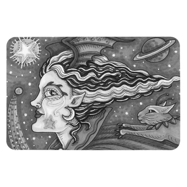 ÍMÃ SCI FI SPACE WITCH & COMET CAT HUMOROUS HALLOWEEN (Horizontal)