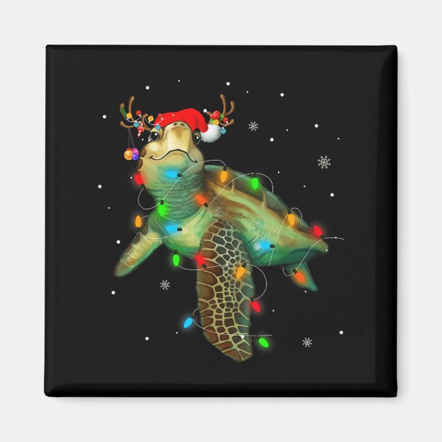 Imã Sea Turtle Christmas Lights Funny Santa Hat Merry  (Frente)