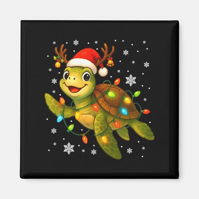 Imã Sea Turtle Christmas Lights Funny Santa Hat Merry  (Frente)
