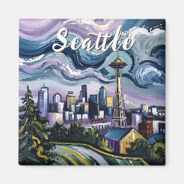 Imã Seattle Skyline Van Gogh Style Viagens vintage Art
