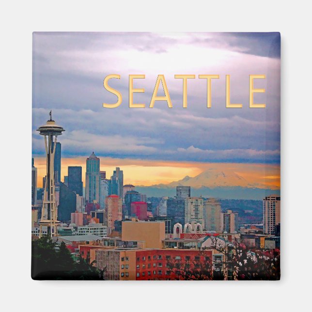Imã Seattle Washington Skyline no Sunset TEXT SEATTLE (Frente)