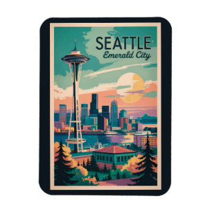Ímã Seattle Washington Skyline Viagem Art Vintage