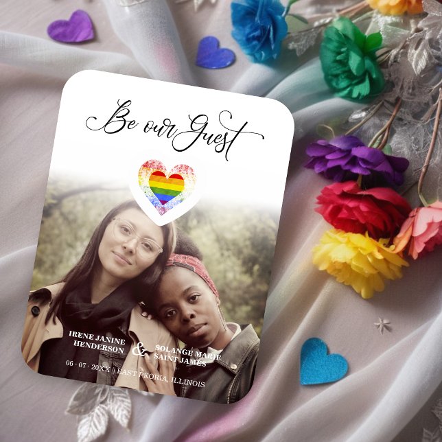 Ímã Seja nosso Orgulho Hóspede Arco-íris Coração Foto  (Be our Guest Quote Cute Pride Rainbow Heart Lesbians Gays Photo Save the Date Magnet Card. )