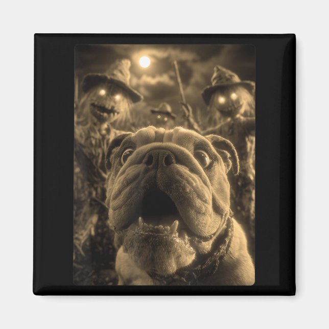 Imã Selfie de Bulldog Antigo Com Corvos Assustadores (Frente)