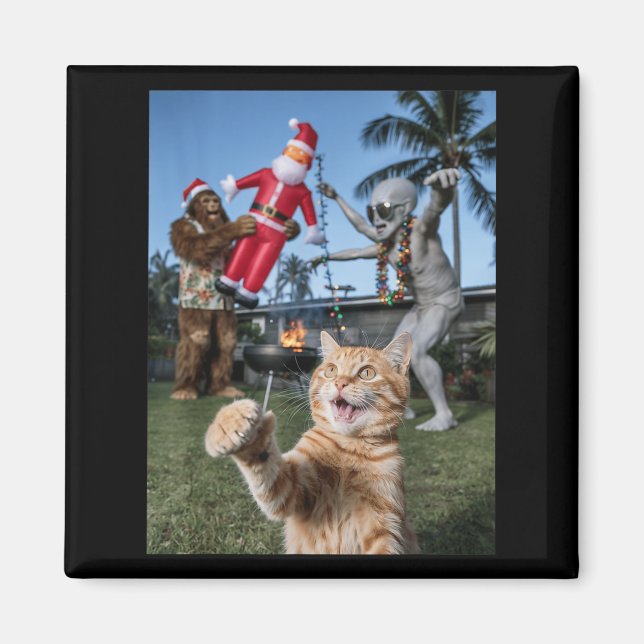 Imã Selfie De Gato Com Alienígena E Pé Grande De Natal (Frente)