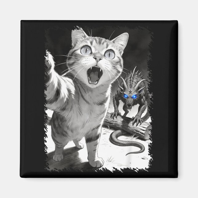 Imã Selfie de gato com chupacabra meme criptid funny  (Frente)