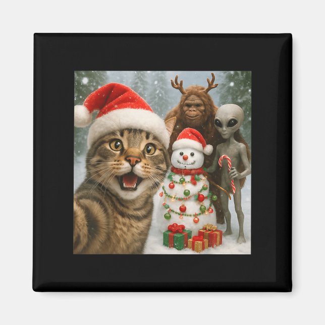 Imã Selfie De Gato De Natal Engraçado Com Alienígena D (Frente)
