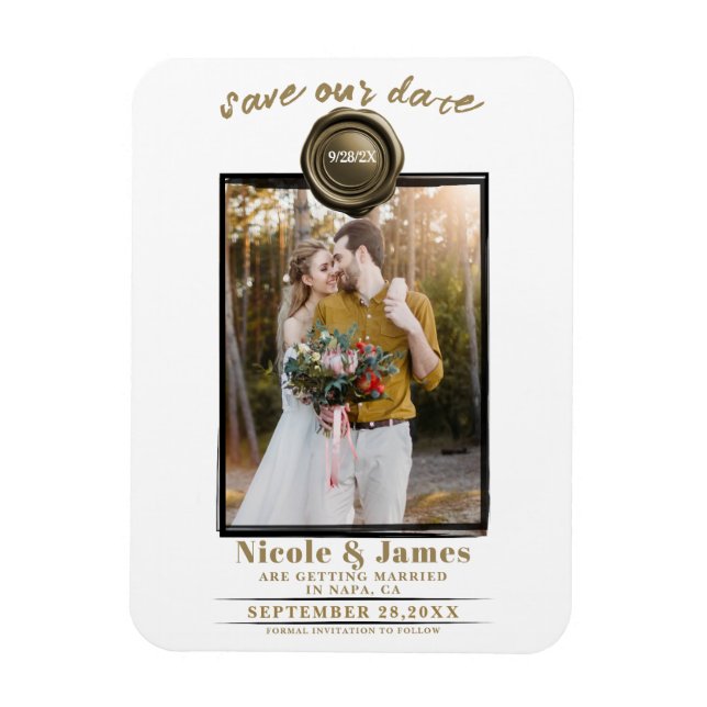 Ímã Selo de Cera Dourada Foto Casamento Salve a Data (Vertical)