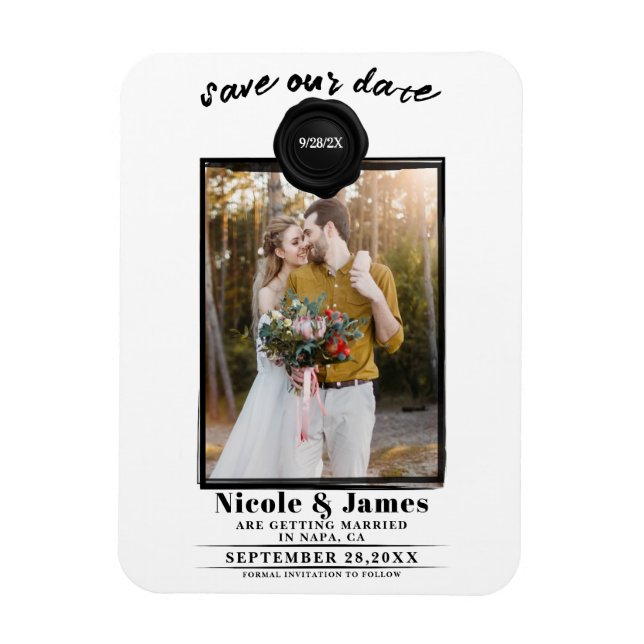 Ímã Selo de Cera Preta Foto Casamento Salve a Data (Vertical)