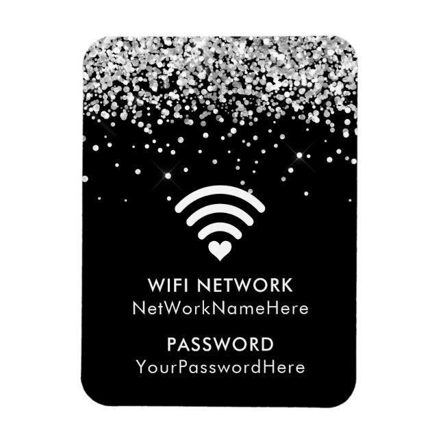 Ímã Senha e rede WiFi Preta Silver Glitter (Vertical)