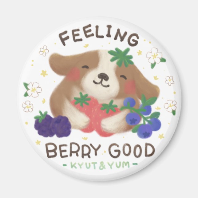 Imã Sentindo-se Muito Bem: Cachorro Fofo com Frutas Ve (Frente)