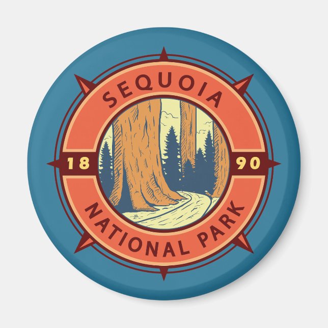 Imã Sequoia National Park Illustration Compass Retroat (Frente)