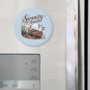 Imã Serene Lake Boat com gansos e flores selvagens