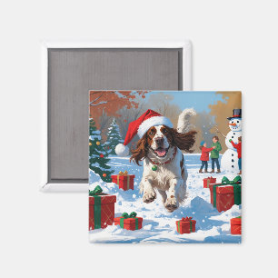 Imã Setter Inglês Correndo na Neve com Chapéu de Natal