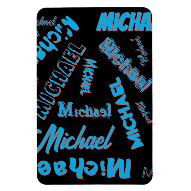 Ímã Seu nome é padrão monograma azul preto (Vertical)