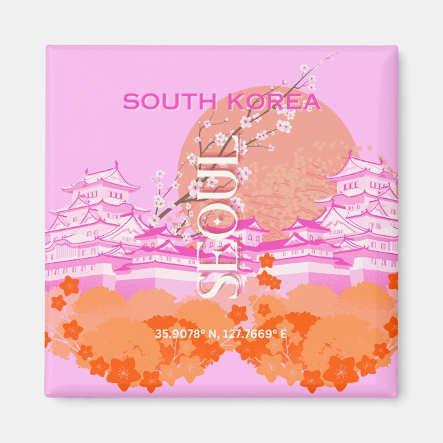 Imã Seul Coreia do Sul, Viagem Art, rosa (Frente)