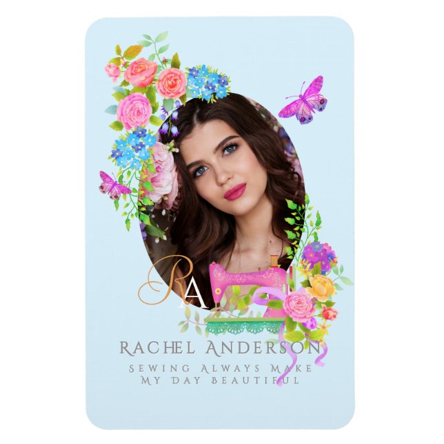 Ímã Sewing Ribbon Floral Monogram Photo Blue (Vertical)