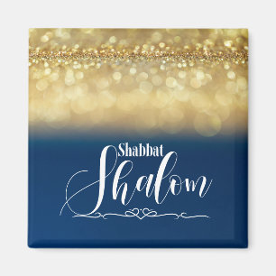 Imã Shabbat Shalom Azul Dourado Brilho Glam Luxo