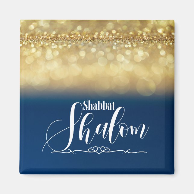 Imã Shabbat Shalom Azul Dourado Brilho Glam Luxo (Frente)