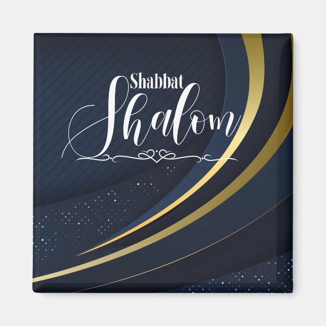 Imã Shabbat Shalom Azul Dourado Listra Geométrica (Frente)