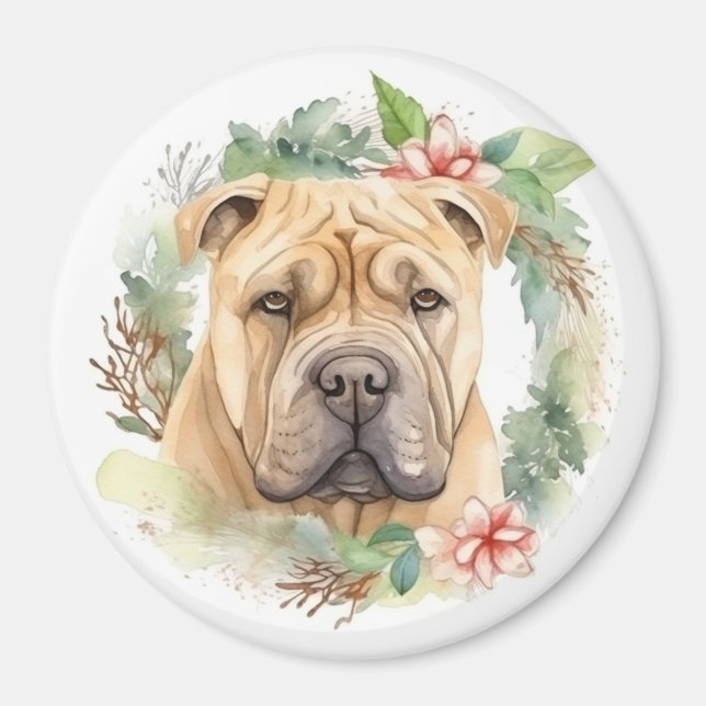 Imã Shar Pei Wreath Christmas Festivo Pup (Frente)