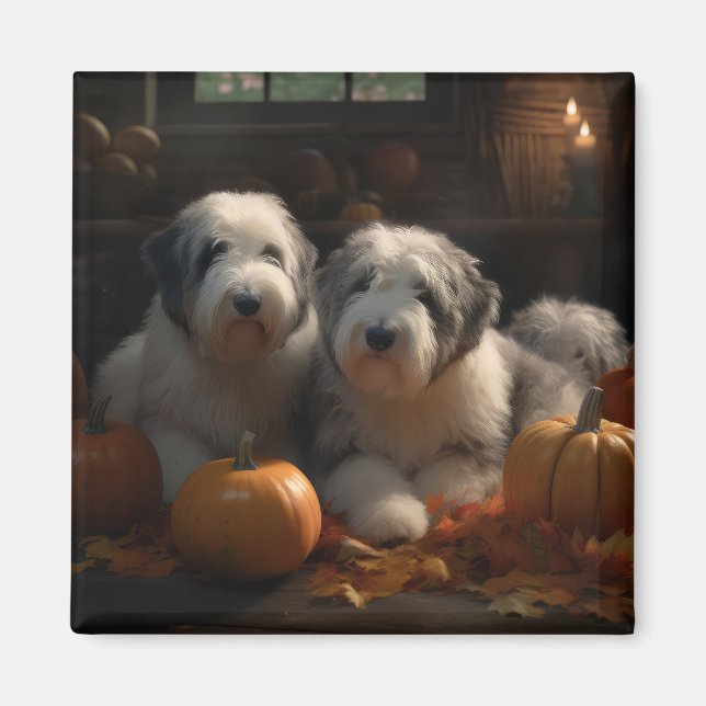 Imã Sheepdog Inglês Puppy Autumn Delight Pumpkin (Frente)