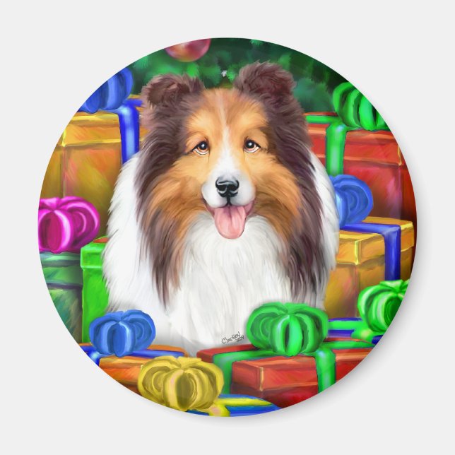 Imã Sheltie Christmas Open Gifs Sable (Frente)