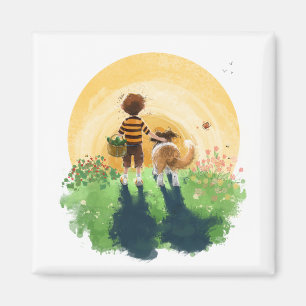 Imã Sheltie Dog e Boy caminham até o Sunset