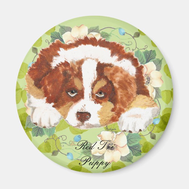 Imã Shepherd Red Tri Puppy ~ Folhas Verdes (Frente)