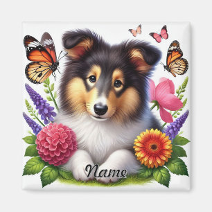 Imã Shetland Sheepdog com Flores e Borboletas