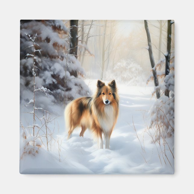 Imã Shetland Sheepdog Deixe-o nevar no Natal (Frente)