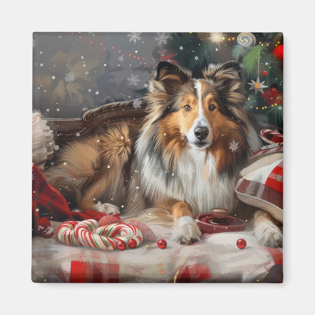 Imã Shetland Sheepdog Natal Festivo (Frente)