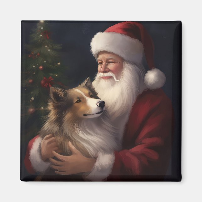 Imã Shetland Sheepdog Papai Noel Natal Festivo (Frente)