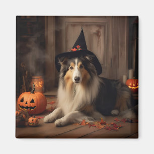 Imã Shetland Sheepdog Pumpkins Halloween Assustado