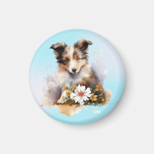 Imã Shetland Sheepdog Puppy Pet Watercolor Fllower