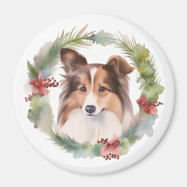 Imã Shetland Sheepdog Wreath Festivo Pup (Frente)
