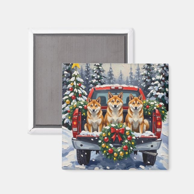 Imã Shiba Inu Christmas Red Truck Holiday (Front/Back)
