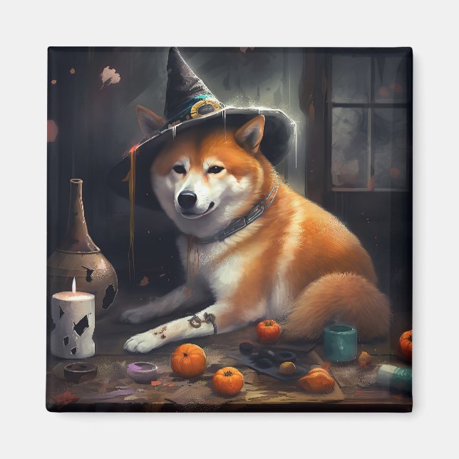Imã Shiba Inu Pumpkins Halloween Assustado (Frente)